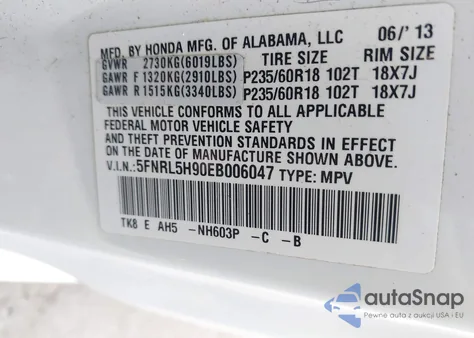 2014 Honda Odyssey Touring/Touring Elite from USA, damaged, VIN 5FNRL5H90EB006047